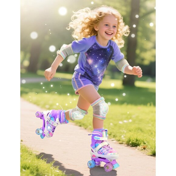 Kids Purple Rainbow Adjustable Light Up Roller Skates With Fluffy Pom Poms - Picture 8 of 9